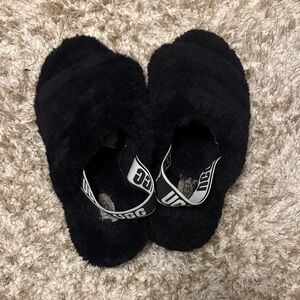 UGG Black Fluff Crossover Slide with Logo Heel Strap